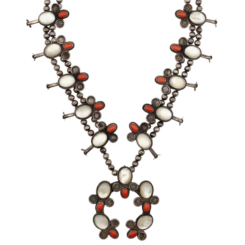 Vintage Navajo Sterling Mother of Pearl Coral Squash Blossom Necklace from auction in Ravenna, Ohio