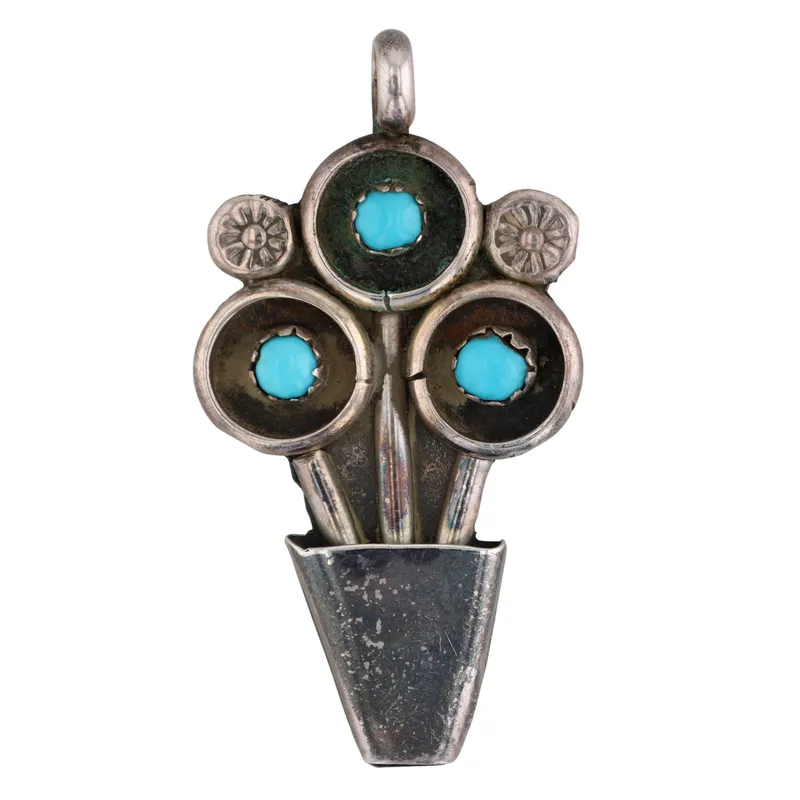Vintage Zuni Sterling Turquoise Flower Pot Pendant from auction in Ravenna, Ohio