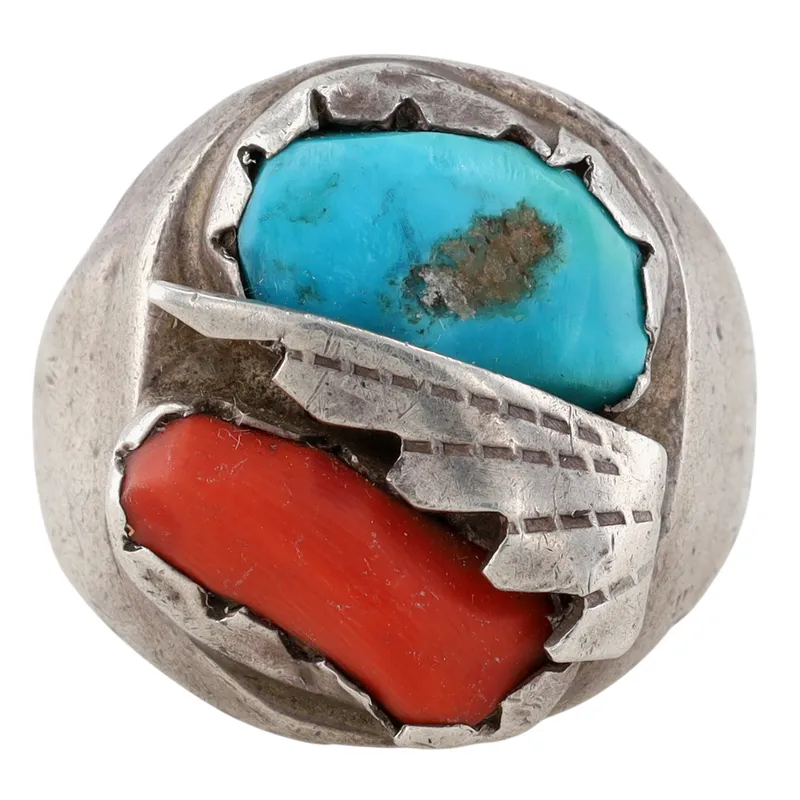 Vintage Navajo Sterling Turquoise Coral Ring Sz 10.5 from auction in Ravenna, Ohio