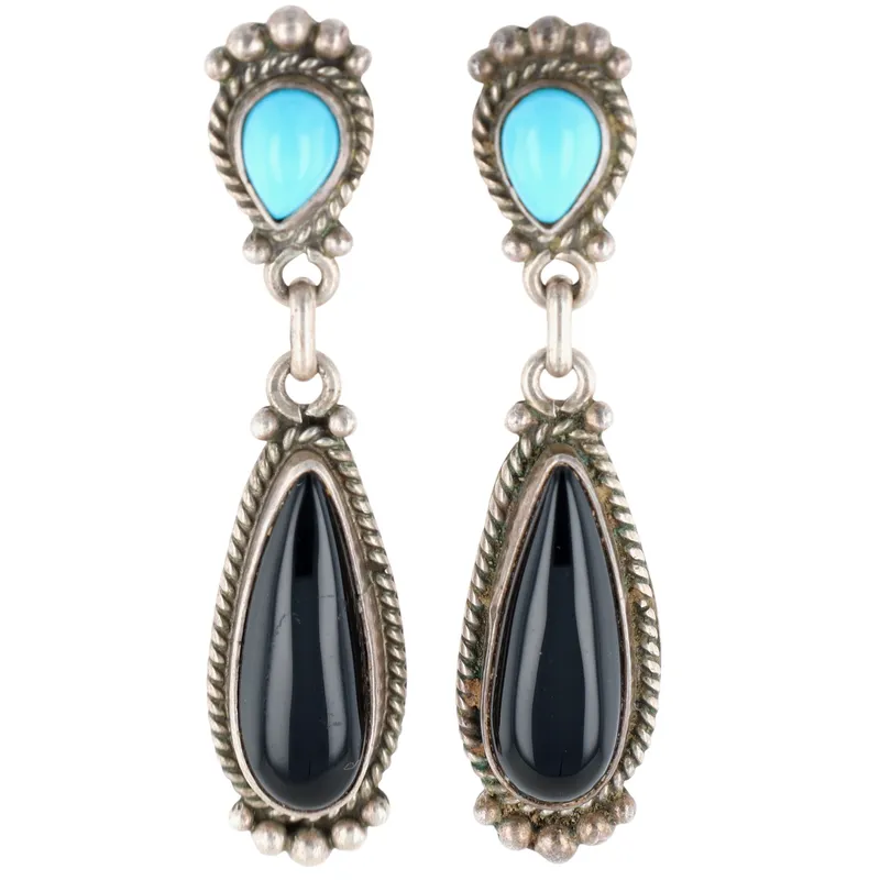 Signed Navajo Sterling Turquoise Onyx Dangle Earrings from auction in Ravenna, Ohio