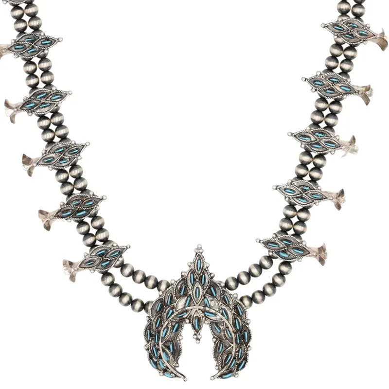Lerna Mahkee Zuni Sterling Kingman Turquoise Needlepoint Squash Blossom Necklace from auction in Ravenna, Ohio