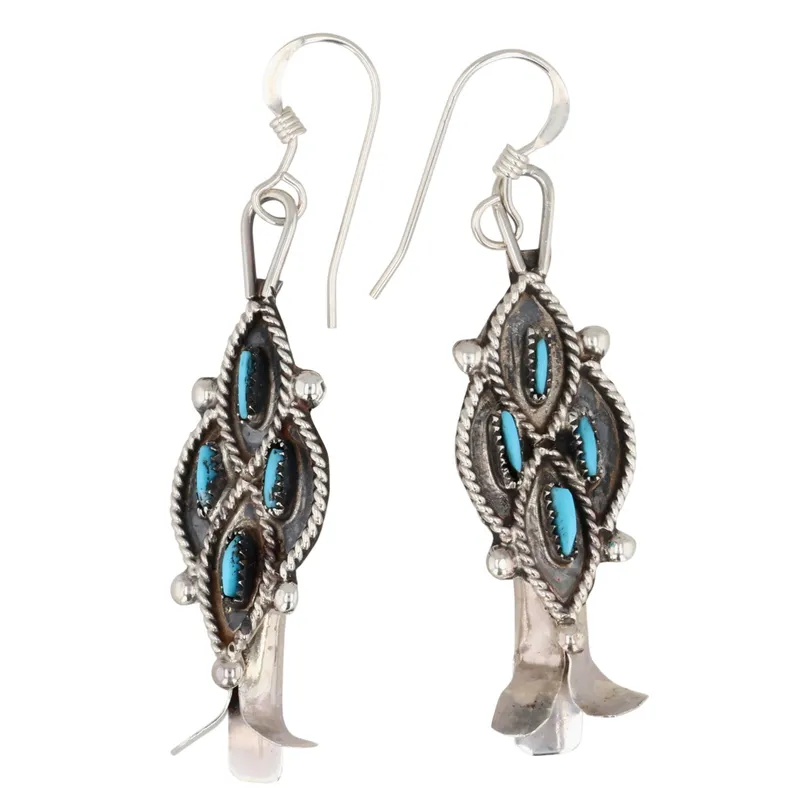 Lerna Mahkee Zuni Sterling Block Kingman Turquoise Needlepoint Squash Blossom Earrings from auction in Ravenna, Ohio