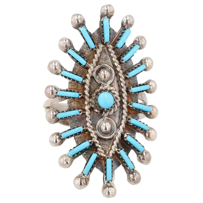 Philander Gia Zuni Sterling Kingman Turquoise Needlepoint Ring Sz 8 from auction in Ravenna, Ohio