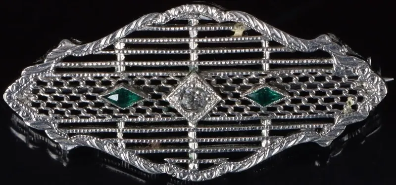 ANTIQUE FILIGREE 10K WHITE GOLD CZ LADIES  PIN from auction in Tallahassee, Florida