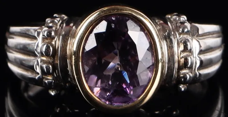 SW STYLE 14K YELLOW GOLD RIM 925 RING W 2CT AMETH from auction in Tallahassee, Florida