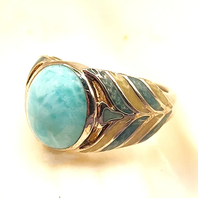 Larimar and Guilloché Enamel Statement Ring - .925 from auction in Vero Beach, Florida