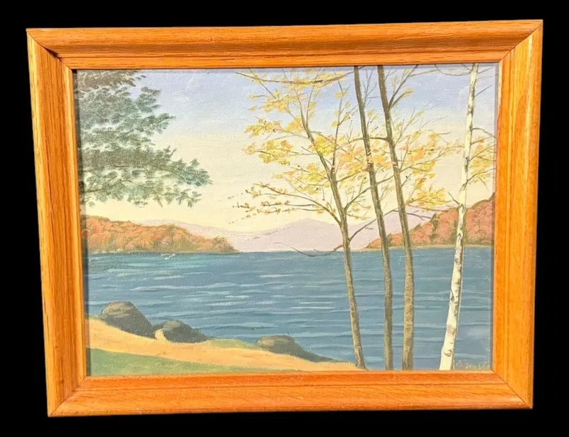 Signed Framed Lakeside Autumn Landscape Painting from auction in MINOA, New York