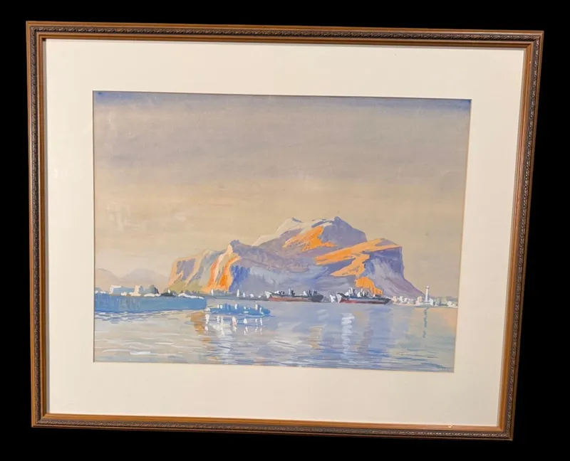 Framed Signed Coastal Mountain Harbor Watercolor from auction in MINOA, New York