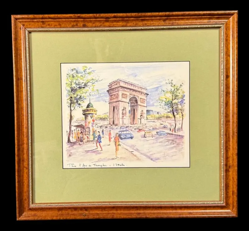 Framed Paris 'Arc de Triomphe' Watercolor from auction in MINOA, New York