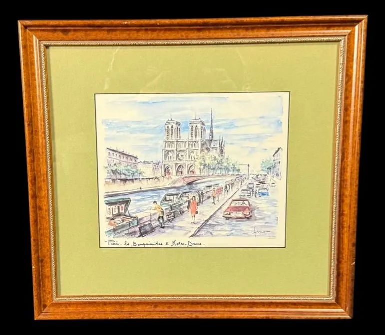 Framed Paris 'Bouquinistes at Notre-Dame' from auction in MINOA, New York