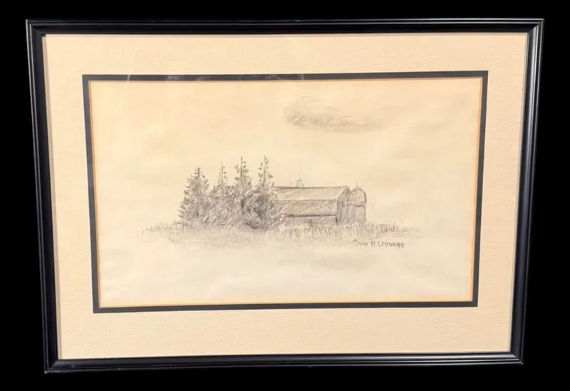 Framed Rural Barn Pencil Drawing by David H. from auction in MINOA, New York