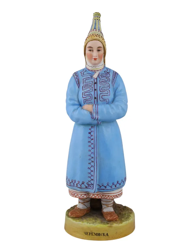 A RUSSIAN GARDNER PORCELAIN FIGURE OF A CHEREMIS (MARI) WOMAN, 19TH CEN. from auction in New York, New York