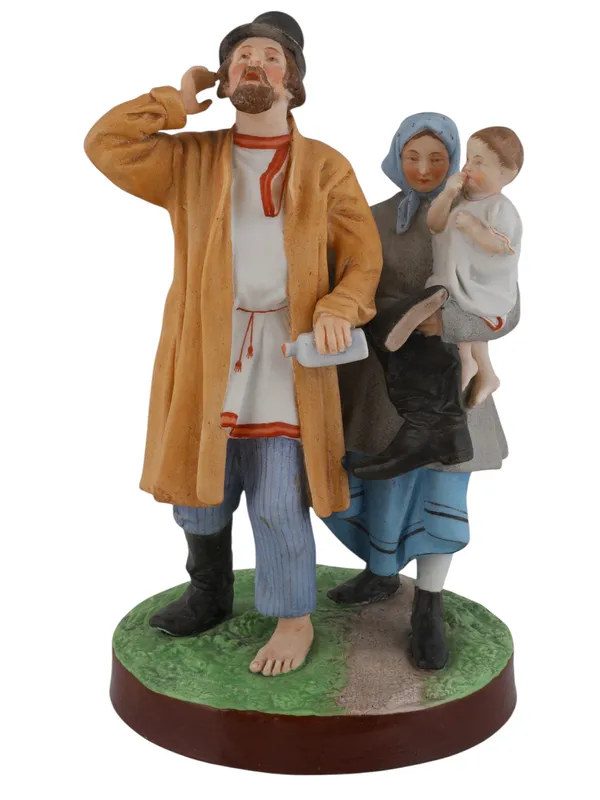 A RUSSIAN GARDENER PORCELAIN FIGURAL GROUP, DRUNK MAN WITH FAMILY, 19TH CENTURY from auction in New York, New York
