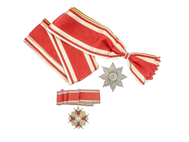 AN IMPERIAL RUSSIAN ORDER OF SAINT STANISLAUS, FIRST CLASS WITH SASH BADGE AND BREAST STAR from auction in New York, New York