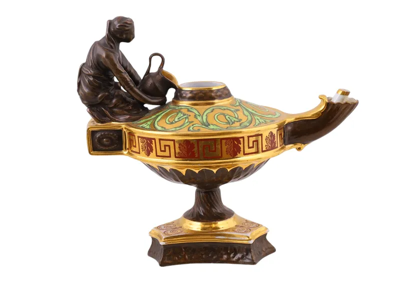 A FRENCH PORCELAIN OIL LAMP IN NEOCLASSICAL GREEK STYLE, 19TH CENTURY from auction in New York, New York