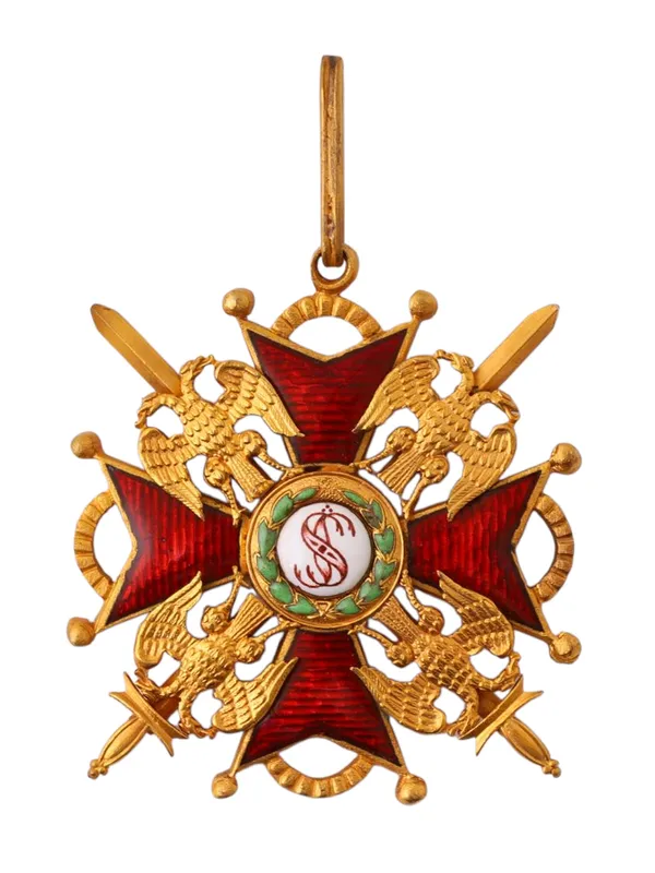 A RARE GILT-BRONZE AND ENAMEL ORDER OF ST. STANISLAUS, 2ND CLASS, WITH SWORDS, IMPERIAL RUSSIA from auction in New York, New York