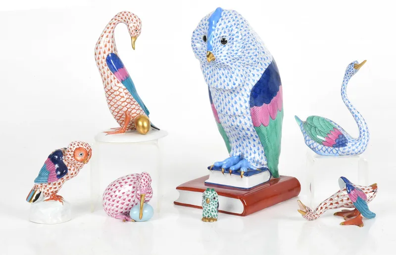 Seven Herend Porcelain Hand-Painted "Fishnet" Birds, Late 20th Century from auction in Pineville, Pennsylvania