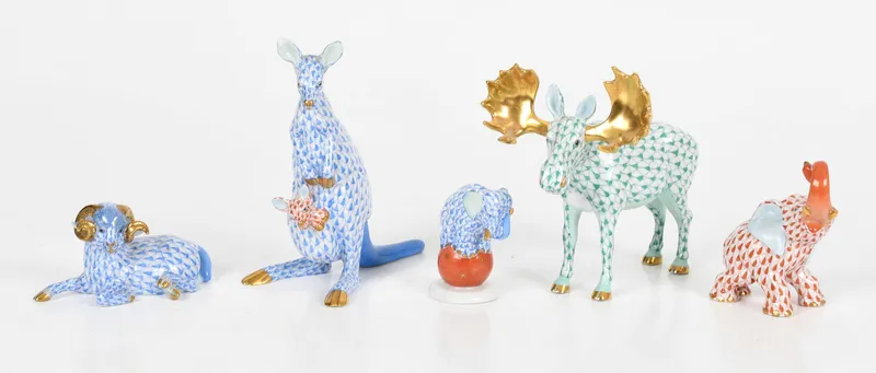 Five Hand-Painted Fishnet Herend Porcelain Animals, Late 20th Century from auction in Pineville, Pennsylvania