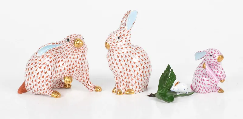 Four Hand-Painted Porcelain Rabbit Figures, Herend, Late 20th Century from auction in Pineville, Pennsylvania