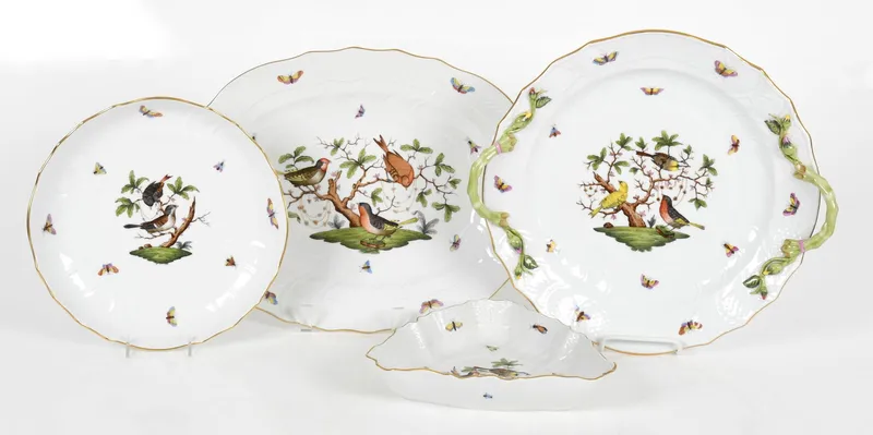 Four Hand-Painted Herend Porcelain Serving Pieces in the "Rothschild Bird" Pattern, Late 20th from auction in Pineville, Pennsylvania