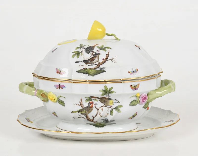 A Herend Hand-Painted Porcelain "Rothschild Bird" Tureen and Cover with Underplate, Late 20th from auction in Pineville, Pennsylvania