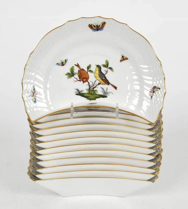 Twelve Hand-Painted Herend Porcelain "Rothschild Bird" Crescent Plates, Late 20th Century from auction in Pineville, Pennsylvania