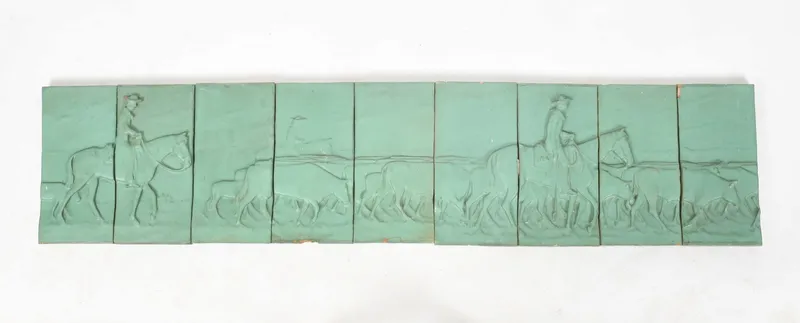 An Arts and Crafts Period Pottery Relief Sculpture, "Cattle Drivers" from auction in Pineville, Pennsylvania