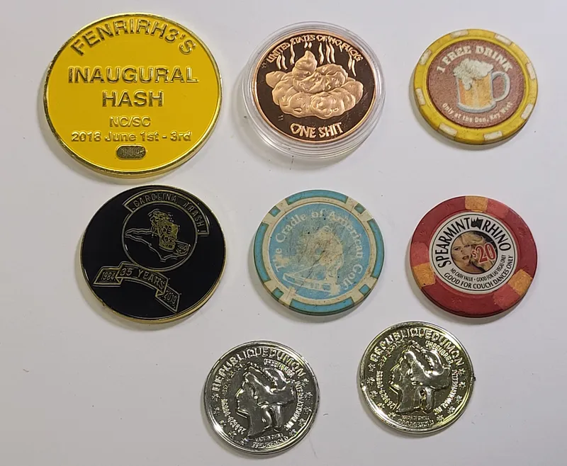 estate tokens lot couch dance, dog doo, fenrin #3+ from auction in wilmington , North Carolina