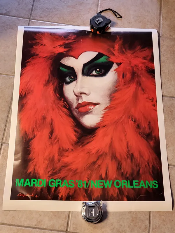 1981 poster Mardi Gras & cotton gauze flag from auction in wilmington , North Carolina