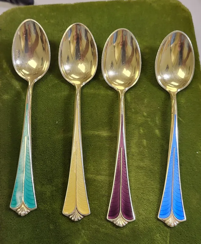 guilloche enamel sterling & gold wash spoons by David Anderson from auction in wilmington , North Carolina