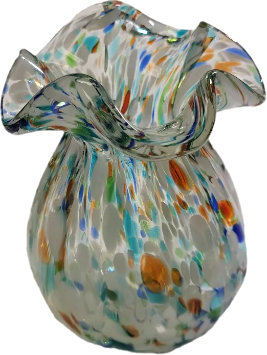 vtg murano confetti ruffled glass vase 4 1/2" from auction in wilmington , North Carolina