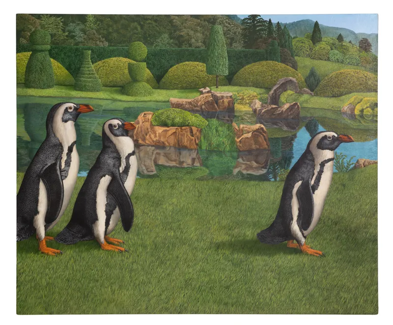 Tom Palmore (American, b.1945) '3 Penguins' Oil on Canvas from auction in Addison, Illinois