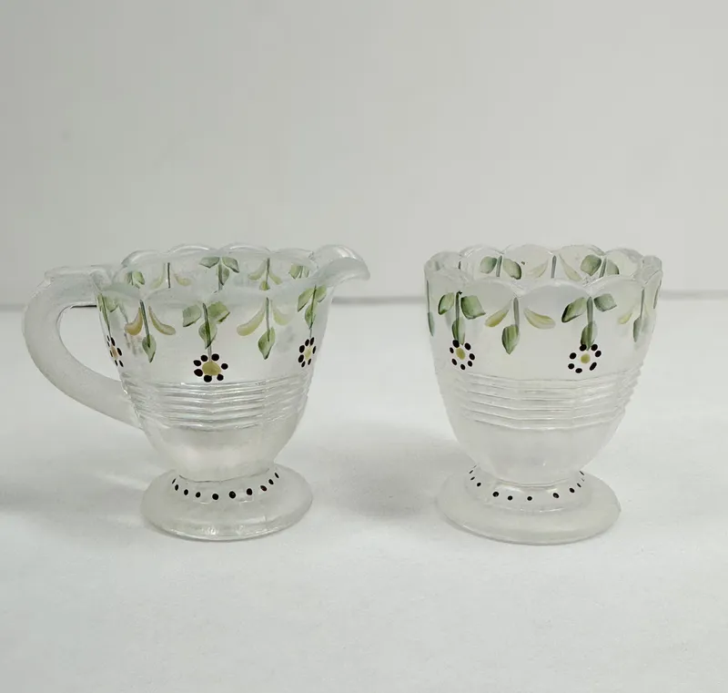 HAND-PAINTED FROSTED GLASS CREAMER AND SUGAR from auction in BETHESDA, Ohio