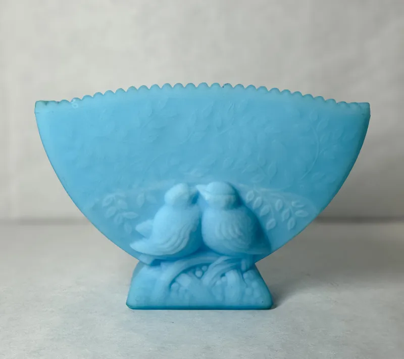 FENTON BLUE SATIN LOVEBIRDS VASE from auction in BETHESDA, Ohio
