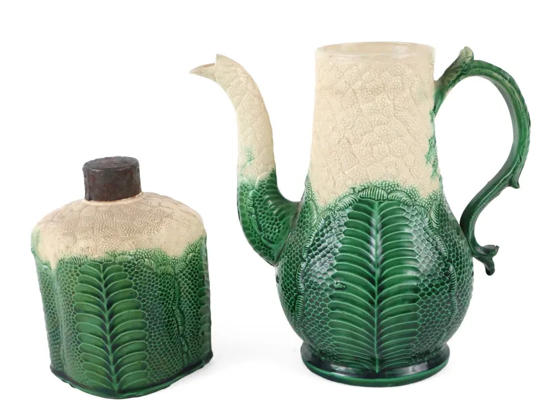 English Relief-Molded "Cauliflower" Creamware Coffee Pot and Tea Canister from auction in Bloomfield, New Jersey