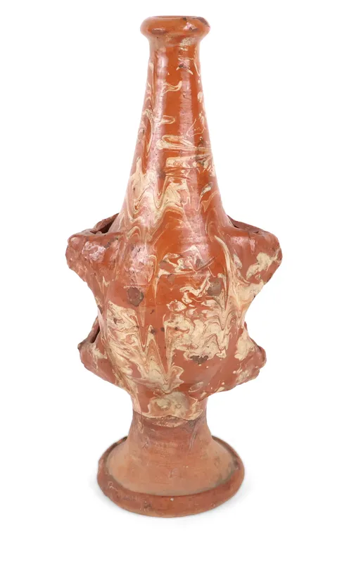 17th Century European Marbled-Slip Decorated Redware Costrel / Flask, probably Italian from auction in Bloomfield, New Jersey