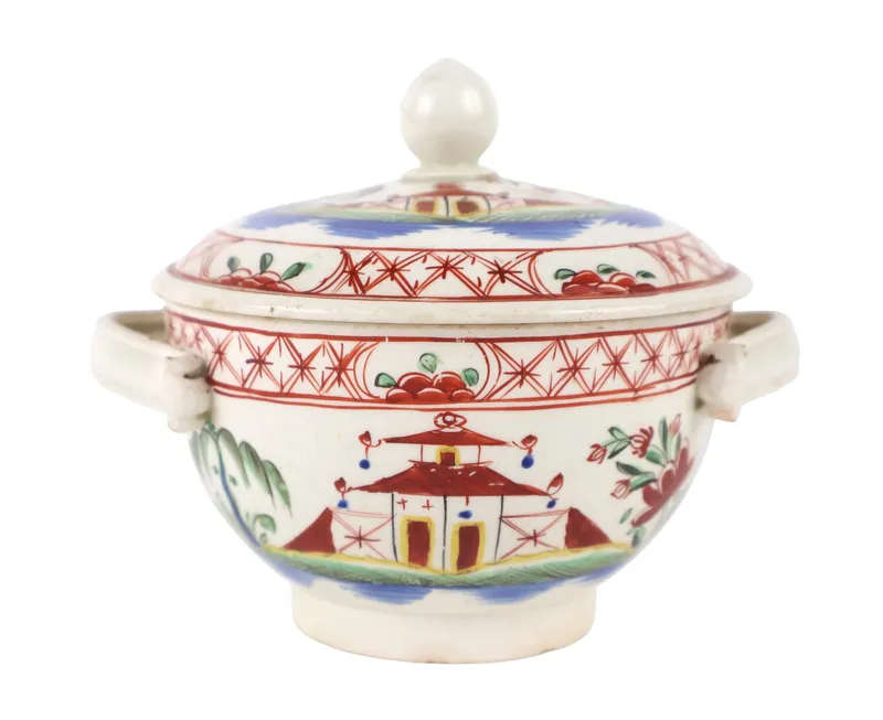 English Creamware Covered Sugar Bowl with Chinoiserie Motifs from auction in Bloomfield, New Jersey