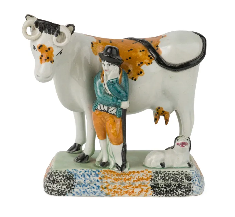 English Yorkshire Prattware / Pearlware Cow and Shepherd Figural Group from auction in Bloomfield, New Jersey