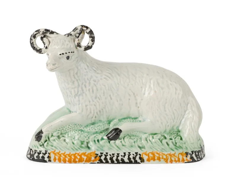 English Yorkshire Prattware / Pearlware Recumbent Sheep / Ram Figure from auction in Bloomfield, New Jersey