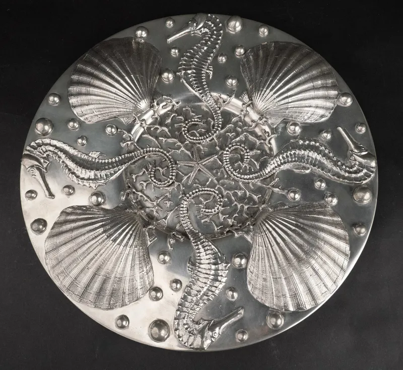 Figura Piero Seahorse and Seashell Pewter Plaque from auction in Bloomfield, New Jersey