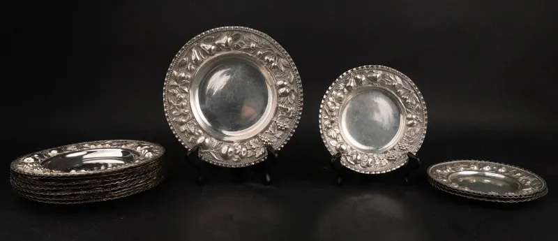Twelve 800 Silver Fruit Decorated Dessert Plates from auction in Bloomfield, New Jersey