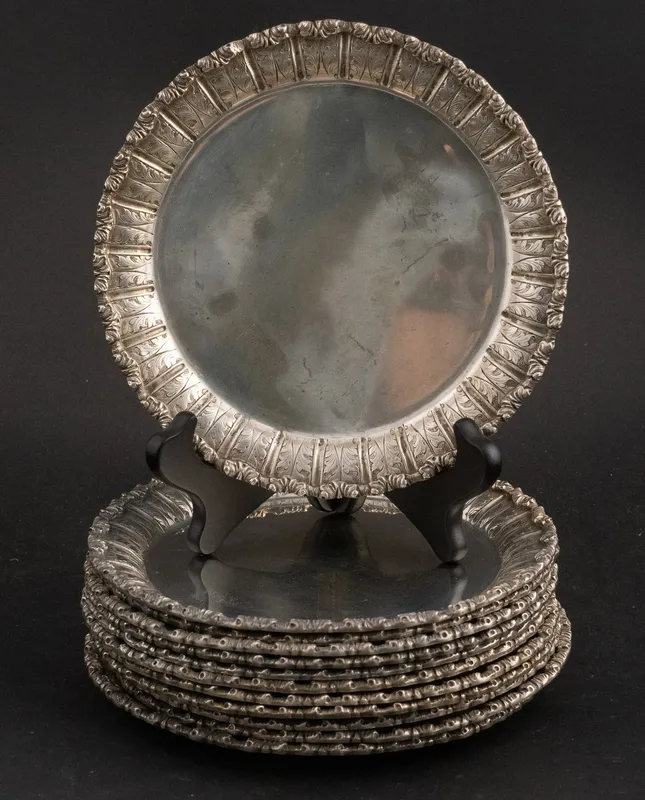 Twelve 800 Silver Leaf Decorated Plates from auction in Bloomfield, New Jersey
