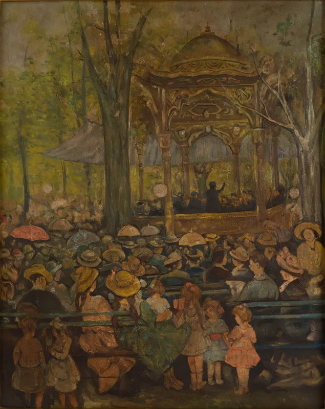 Jerome Myers, American 1867-1940, Concert in Central Park, Oil on Canvas from auction in Bloomfield, New Jersey