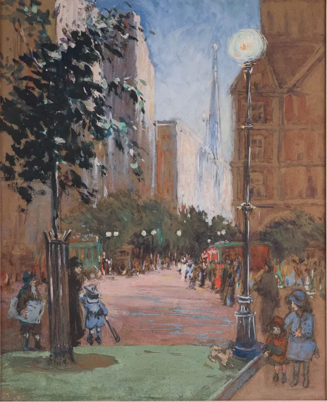Jerome Myers, American 1867-1940, City Scene, Watercolor and Gouache on Paper from auction in Bloomfield, New Jersey
