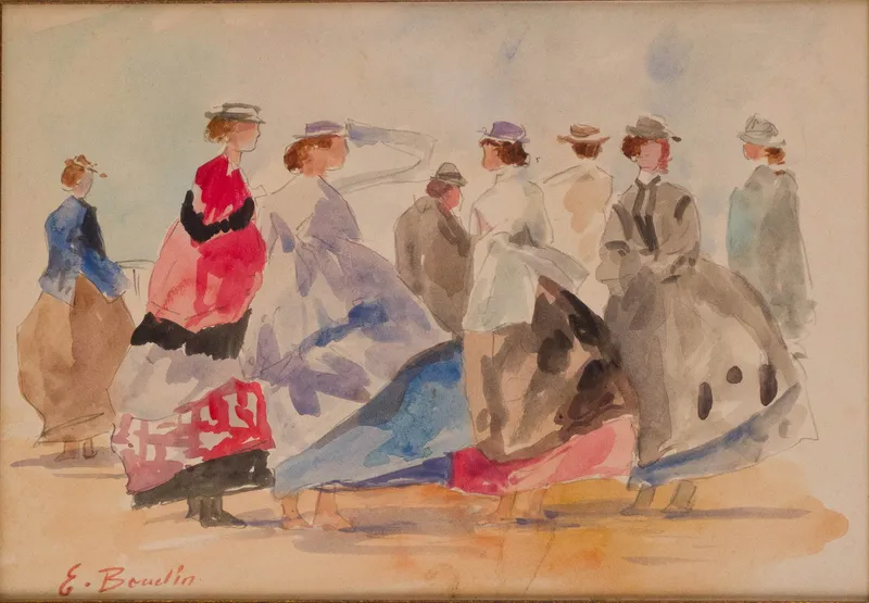 Eugene Boudin, French 1824-1898, Figures on Beach, Watercolor on Paper from auction in Bloomfield, New Jersey