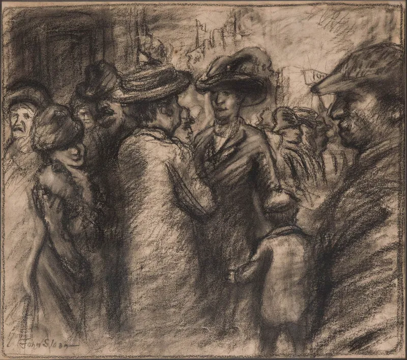 After John French Sloan, 1871-1951, Women Conversing in the Street, Charcoal on Paper from auction in Bloomfield, New Jersey