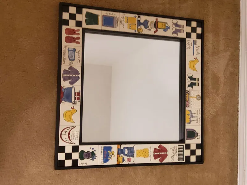 Square Mirror With Ceramic Hand-Painted Tile Frame from auction in Covington, Louisiana