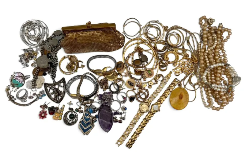 Large Grouping of Costume Jewelry Including Sterling Silver Earrings, Chain, & Ring, Vintage Whiting from auction in Scotts Valley, California