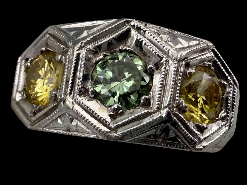 18K White Gold Green And Yellow Diamond Ring from auction in Scotts Valley, California