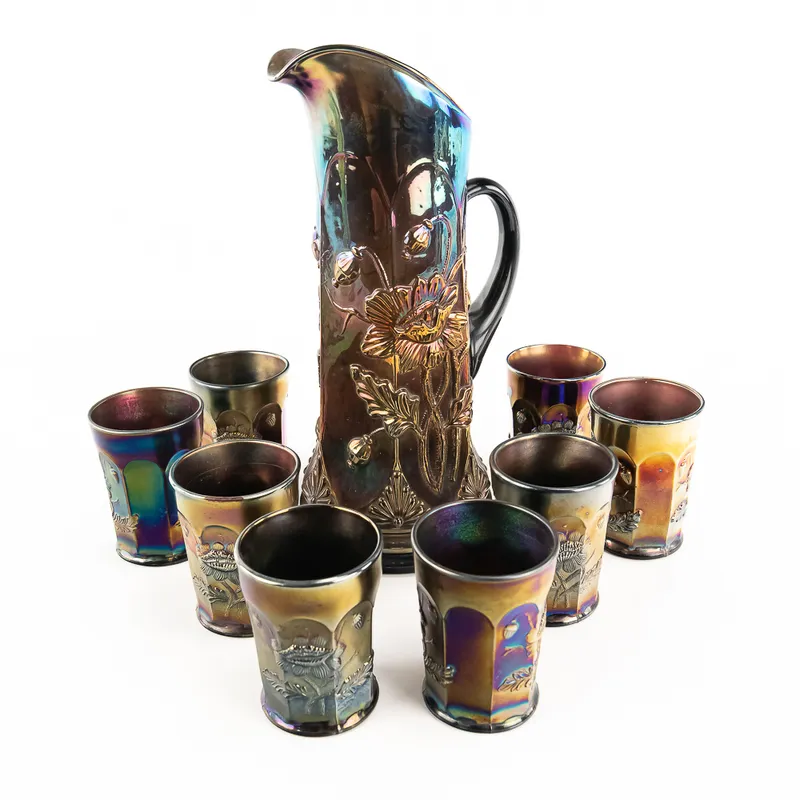 Carnival Glass N'wood Oriental Poppy 9pc Water Set from auction in Union, Illinois
